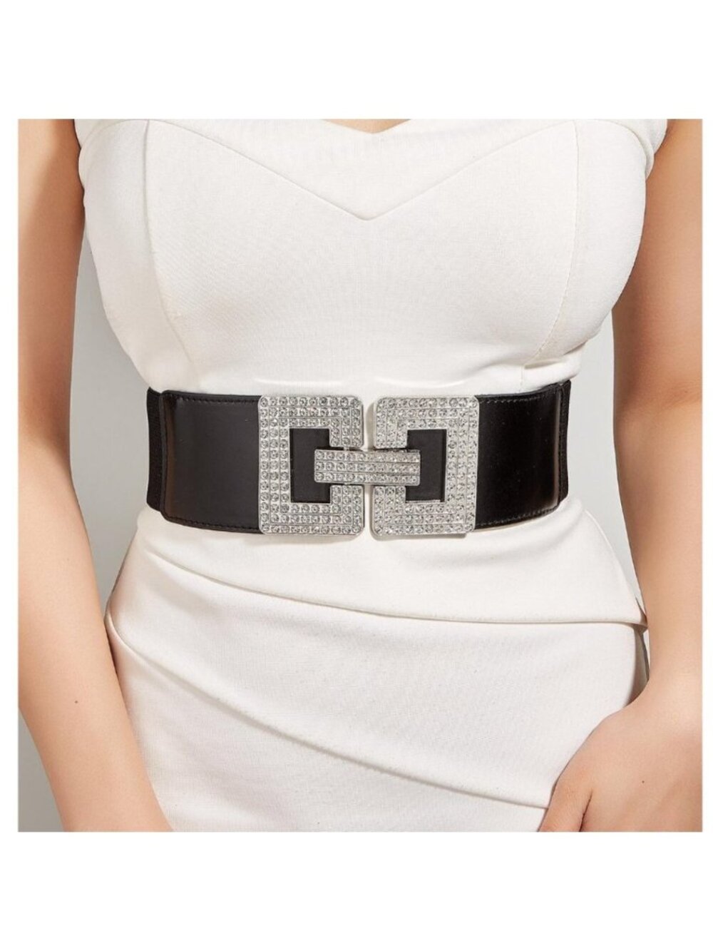 Silver/Black Square Rhinestone Stretch Belt